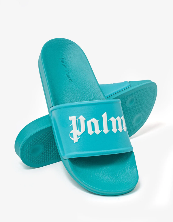 Palm Angels Light Blue Logo Pool Slides