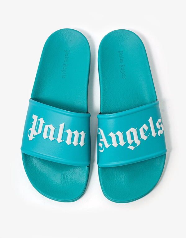 Palm Angels Light Blue Logo Pool Slides